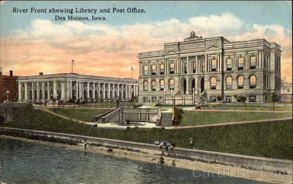 River Front Showing Library and Post Office Des Moines Iowa
