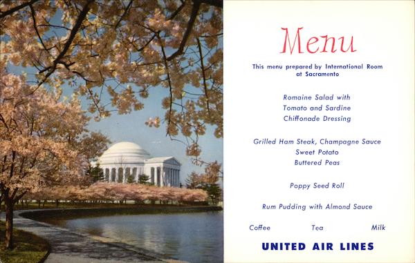 United Airlines Menu Jefferson Memorial and Japanese Cherry Blossom Washington District of Columbia