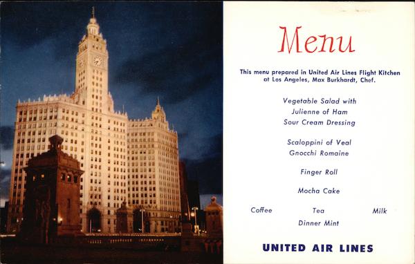 United Airlines Menu Floodlighted Wrigley Building Chicago Illinois
