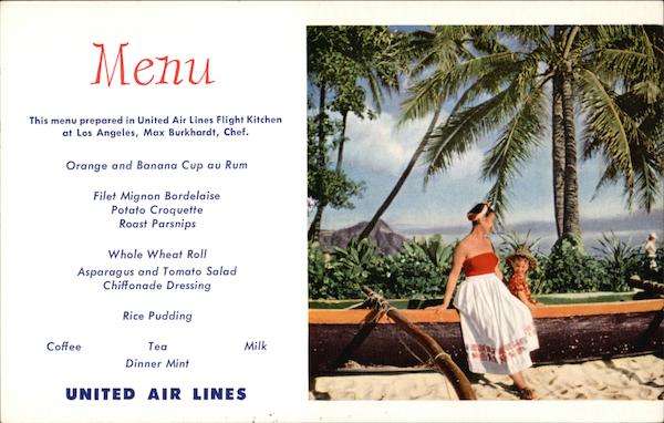 United Airlines Menu Visitors Sitting on Outrigger Canoe on Waikiki Beach Honolulu Hawaii
