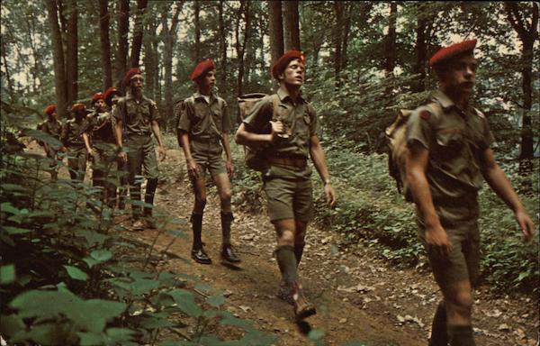 Boy Scouts Hiking in Woods