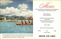 United Airlines Menu Outrigger Canoeists Await Breakers Off Waikiki Beach Postcard