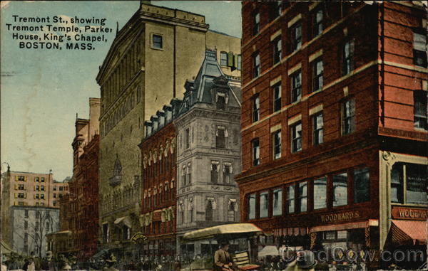 Tremont Street, showing Tremont Temple, Parker House, King's Chapel Boston Massachusetts