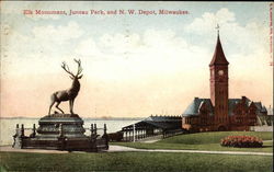 Elk Monument, Juneau Park and N.W. Depot Postcard