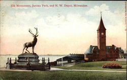 Elk Monument, Juneau Park and N.W. Depot Milwaukee, WI Postcard Postcard