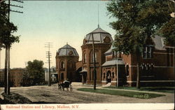 Railroad Station and Library Malone, NY Postcard Postcard