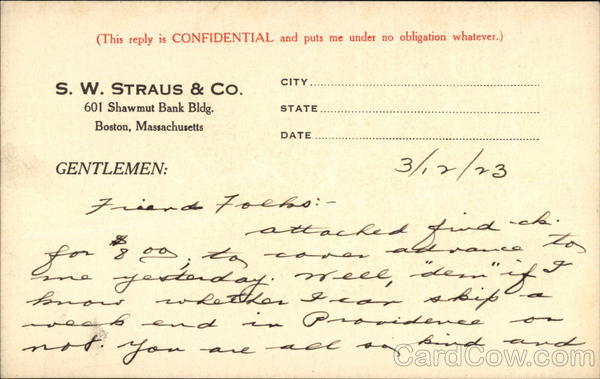 S. W. Straus & Co., 601 Shawmut Bank Bldg. Boston Massachusetts