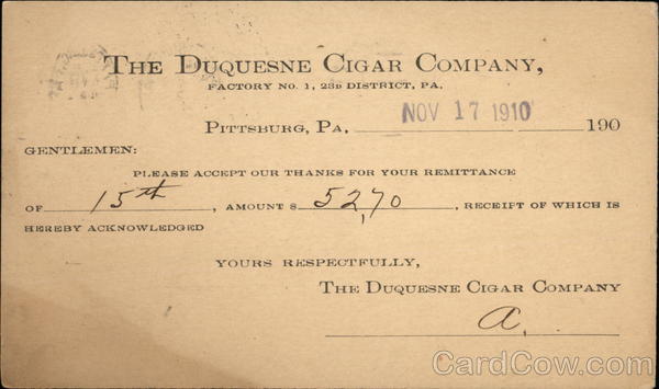 The Duquesne Cigar Company - Receipt Pittsburgh Pennsylvania