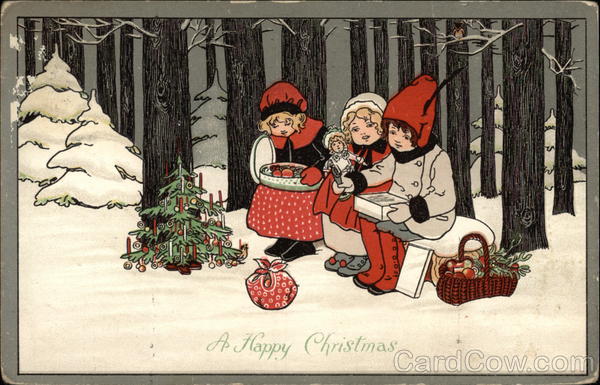 Three children resting on a bench in the woods beside a little Christmas tree