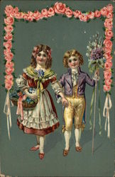 Boy and Girl Framed in Roses Postcard