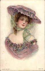 Women in Flower-Trimmed Dress Wearing Big Hat Postcard