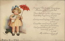 Second Birthday Greetings - Girl with Umbrella and Kitten Postcard