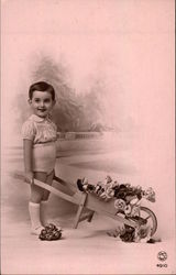 Little Boy with Wheelbarrow Full of Roses Children Postcard Postcard