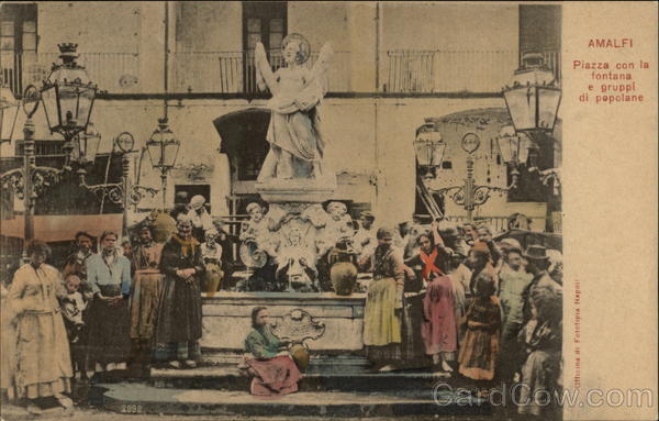 Square with Fountain and Group of People Amalfi Italy