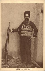 Armenian Soldier Draped in Amunition Armenian Revolutionary Federation Postcard
