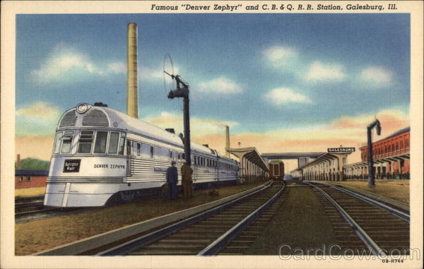 A Denver Zephyr Stops at the C.B. & Q. Railroad Station Galesburg Illinois