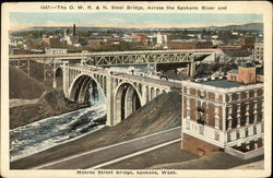 The O.W.R.&N Steel Bridge, Across the Spokane River & Monroe Street Postcard