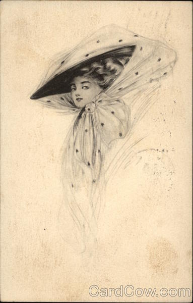 Profile of Woman in Large Netted Hat Women