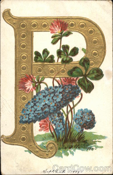 Letter P with Four Leaf Clover and Forgetmenots Alphabet Letters