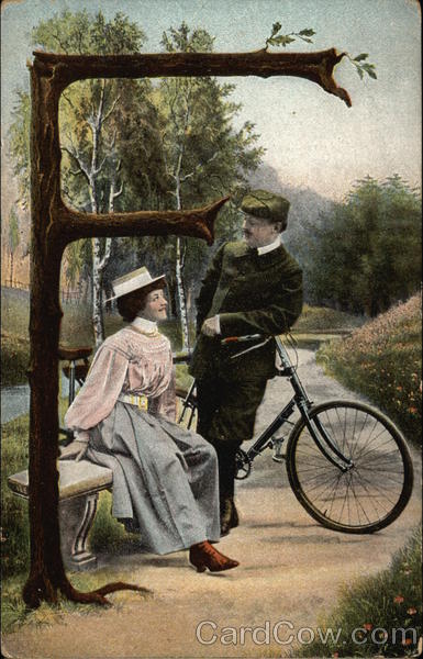 Letter F with a Woman, Man, and Bicycle Alphabet Letters