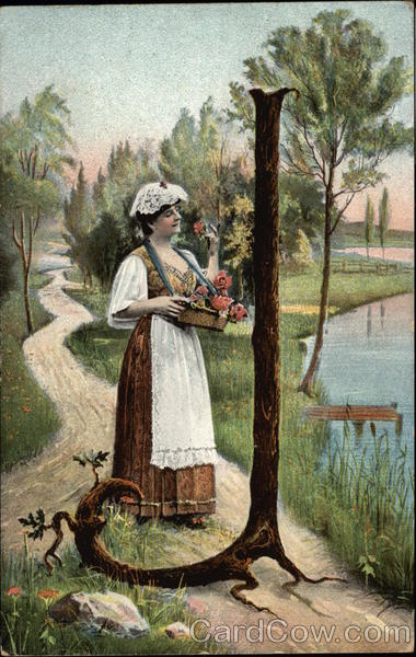 Young Woman Picking Flowers by Lake Alphabet Letters
