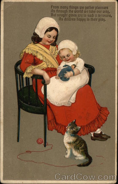Two Children With Doll and Cat