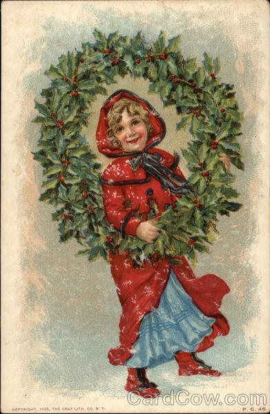 Little Girl Holding Holly Wreath Children