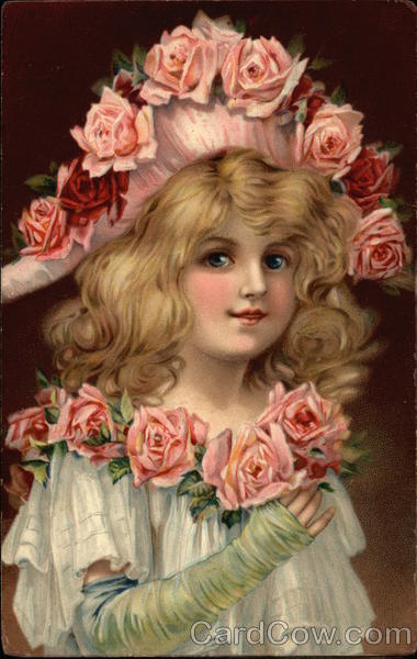Blonde Girl in White Dress with Roses on Hat and Collar