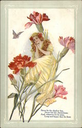 Girl Posing In Carnations Postcard