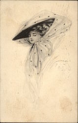 Profile of Woman in Large Netted Hat Postcard