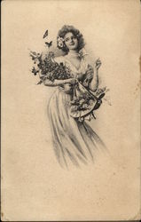 Young Woman Picking Flowers Postcard