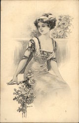 Woman Posing with Roses Postcard