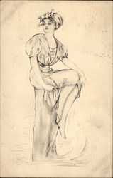 Sketch of Woman Sitting On Post Postcard