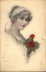Portrait of Woman with Red Roses Postcard