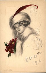 Woman with Red Feather and Poinsettia Postcard