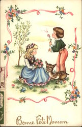 Little Girl, Little Deer, Little Boy, With Flowers Postcard