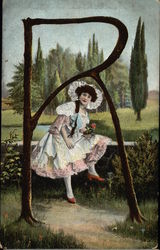 Letter "R" with Young Woman Sitting on Wall Postcard