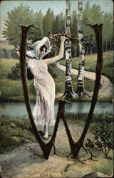 Woman standing in the letter "W" Postcard