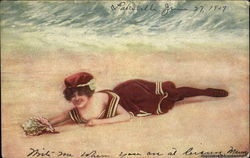 Girl in Vintage Bathing Suit Lying on a Beach with Shell Postcard