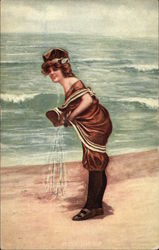 Woman on the Beach wearing Vintage Swimwear Postcard