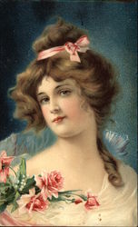 Young Woman in Pink Dress with Roses Postcard