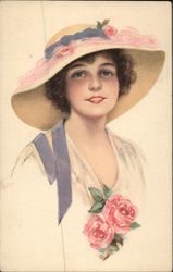 Girl With Hat and Pink Roses Postcard