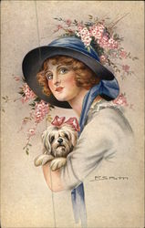 Woman Wearing Hat and Holding Dog Postcard