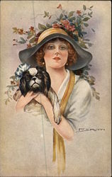Woman Wearing Hat and Holding Dog Postcard