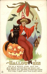Halloween Witch & Cat Postcard Postcard
