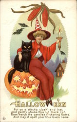 Halloween Witch & Cat Postcard