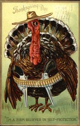 Thanksgiving Day - "I'm a firm believer in self-protection." Turkeys Postcard Postcard