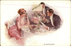 Waiter Taking Order From A Couple Having Dinner Postcard