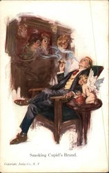 Man Smokes Pipe, With Cupid and Ladies' Images Nearby Postcard