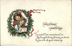 Two Little Girls in Christmas Wreath Postcard
